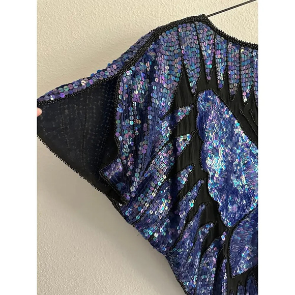 Vintage 70s/80s BUTTERFLY Bluish purple sequin and beaded cape blouse top Sz M - Picture 13 of 15